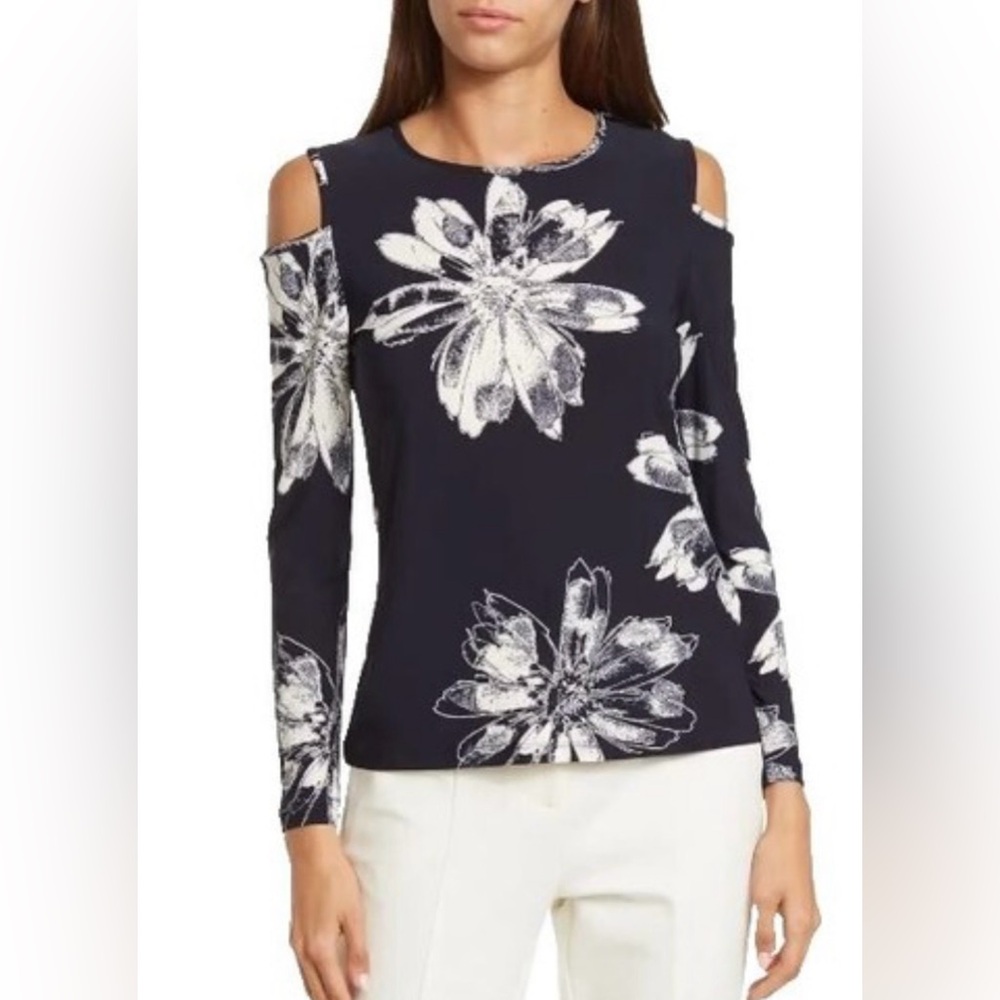 Donna Karan Navy Floral Cold Shoulder Top